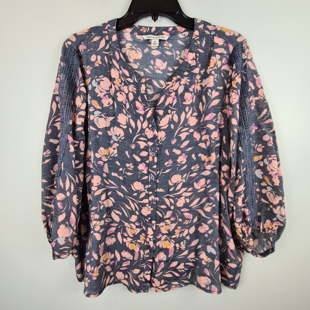 Zac & Rachel Womens XL Floral Button Front Blouse Gray Pink Crochet Lace Sleeve